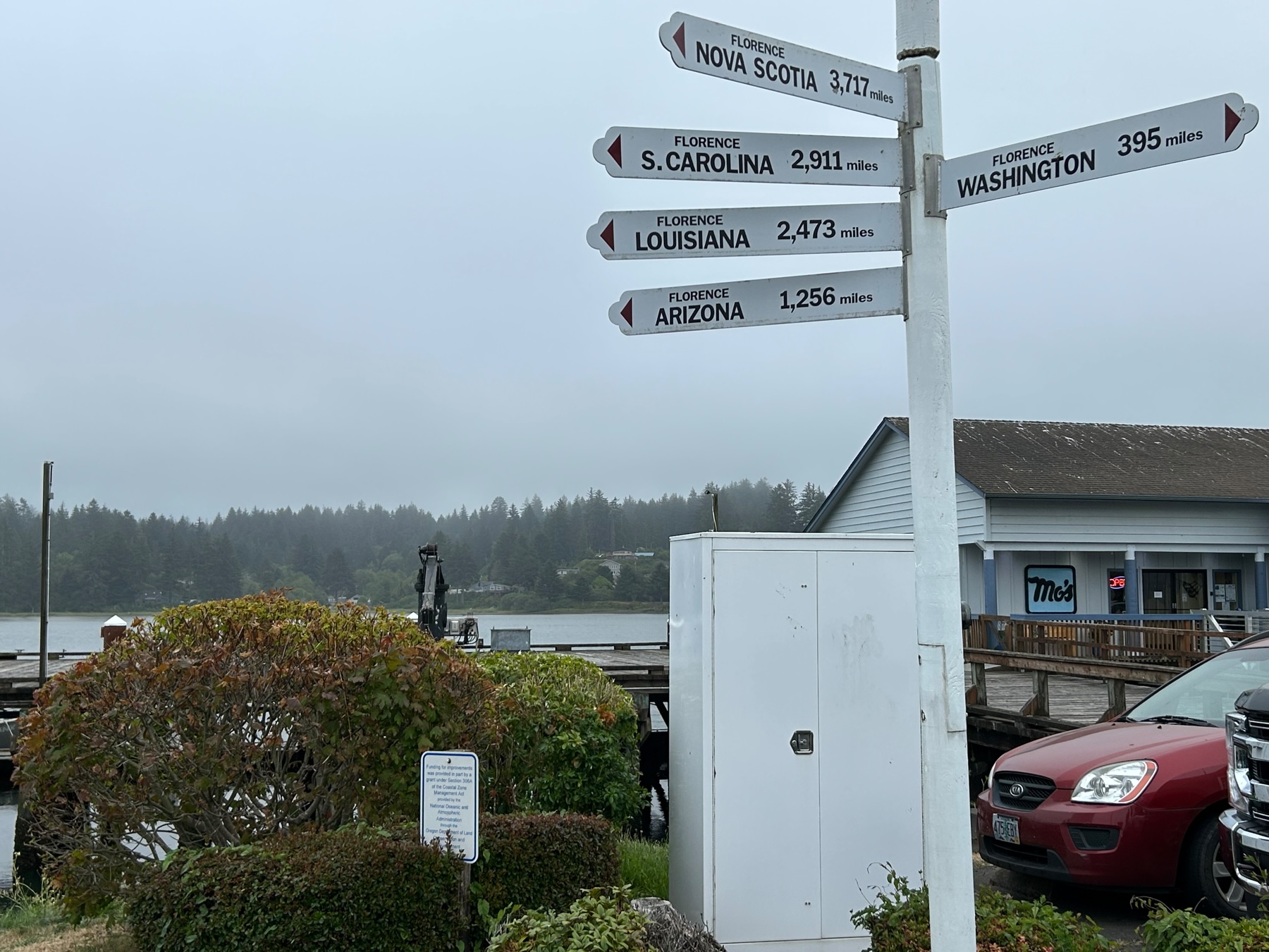 a sign pointing the way to various cities named Florence